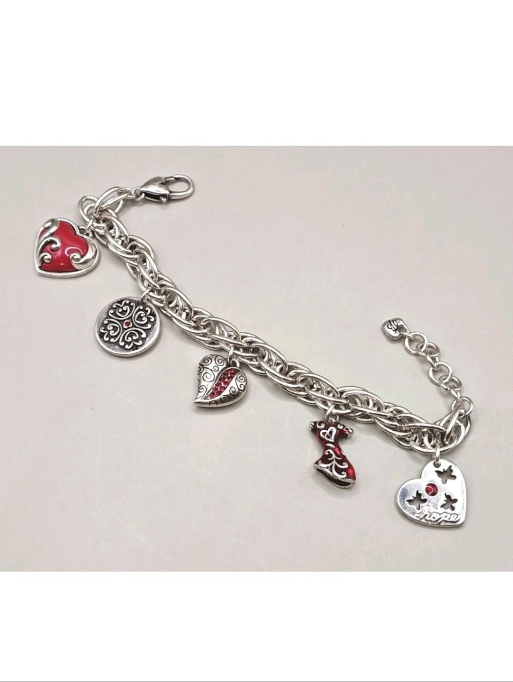 Brighton Charm Bracelet Go Red Enamel Heart Butterfly Silver Plated Rope Chain - Picture 2 of 13